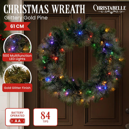 Christabelle 61cm Christmas Wreath with LED Lights Glittery Gold Pine re-Lit Front Door Decoration Ornament.