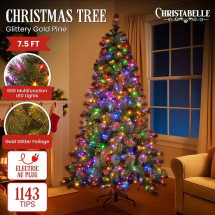Christabelle 7.5ft Christmas Tree Glittery Gold Pine Led Multi-functional Lights.