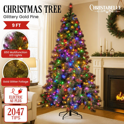 Christabelle 9ft Christmas Tree Glittery Gold Pine Needles 850 Led Lights Xmas.