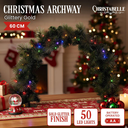 Christabelle 60cm Tabletop Christmas Archway Garland with LED Lights Gold Mantle Decoration Ornament.
