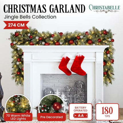 Christabelle 2.7m Christmas Garland with LED Lights and Baubles Mantle Decoration Ornament.