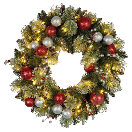 Christabelle Stunning 61cm Christmas Wreath with LED Lights Baubles Berries Red Silver Front Door Decoration.
