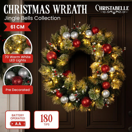 Christabelle Stunning 61cm Christmas Wreath with LED Lights Baubles Berries Red Silver Front Door Decoration.