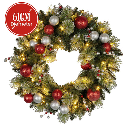 Christabelle Stunning 61cm Christmas Wreath with LED Lights Baubles Berries Red Silver Front Door Decoration.