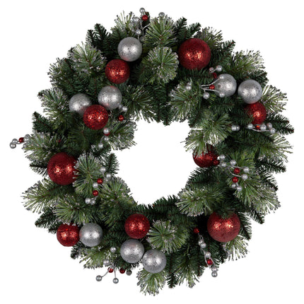 Christabelle Stunning 61cm Christmas Wreath with LED Lights Baubles Berries Red Silver Front Door Decoration.