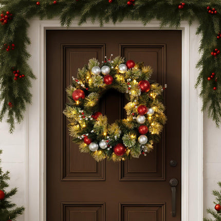 Christabelle Stunning 61cm Christmas Wreath with LED Lights Baubles Berries Red Silver Front Door Decoration.