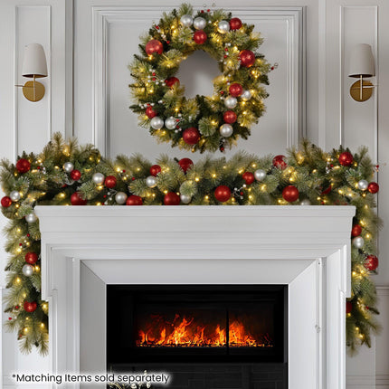 Christabelle Stunning 61cm Christmas Wreath with LED Lights Baubles Berries Red Silver Front Door Decoration.