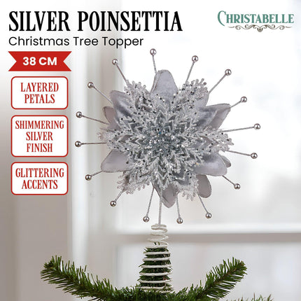 Christabelle Christmas Tree Topper Poinsettia Decoration Ornament Silver Petals.