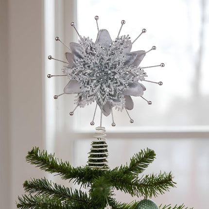 Christabelle Christmas Tree Topper Poinsettia Decoration Ornament Silver Petals.