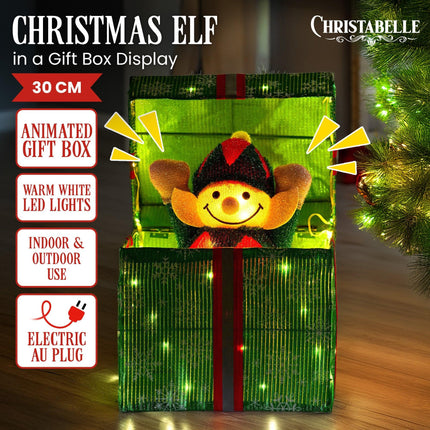 Christabelle Animated Elf Gift Box Led Lights Christmas Tree Decoration Ornament.