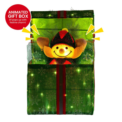 Christabelle Animated Elf Gift Box Led Lights Christmas Tree Decoration Ornament.