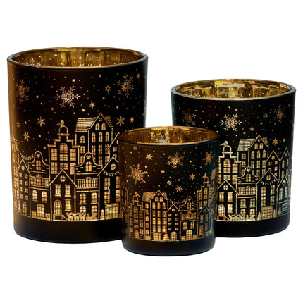 Christabelle Christmas Candle Jar Set Of 3 Black And Gold Holiday Candle Holders.