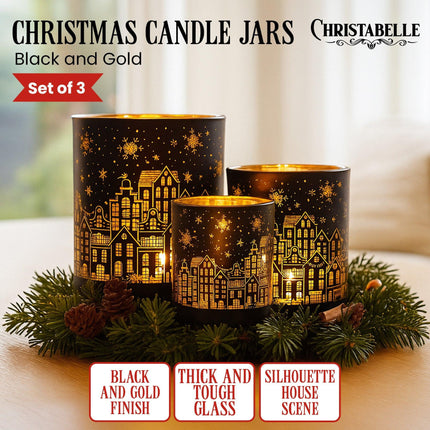 Christabelle Christmas Candle Jar Set Of 3 Black And Gold Holiday Candle Holders.