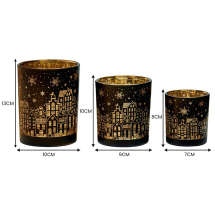Christabelle Christmas Candle Jar Set Of 3 Black And Gold Holiday Candle Holders.