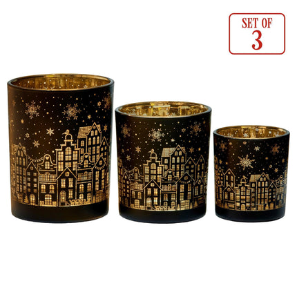 Christabelle Christmas Candle Jar Set Of 3 Black And Gold Holiday Candle Holders.