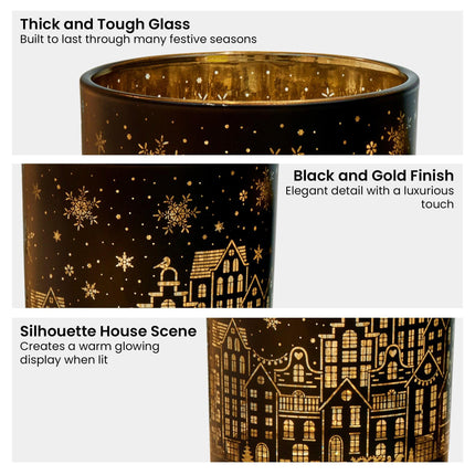 Christabelle Christmas Candle Jar Set Of 3 Black And Gold Holiday Candle Holders.