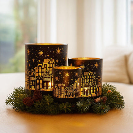 Christabelle Christmas Candle Jar Set Of 3 Black And Gold Holiday Candle Holders.