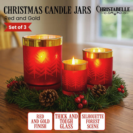 Christabelle Christmas Candle Jar Set Of 3 Red And Gold Holiday Candle Holders.