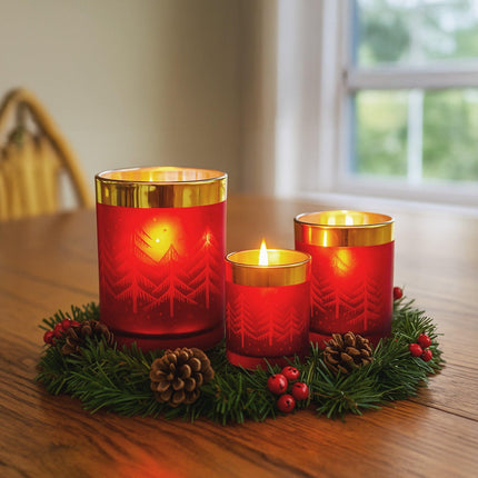 Christabelle Christmas Candle Jar Set Of 3 Red And Gold Holiday Candle Holders.