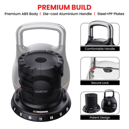 Powertrain 40kg Adjustable Kettlebell One Hand Adjustment Weight Set.