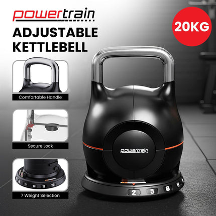 Powertrain Adjustable Kettlebell 20kg 7 in 1 Weight Selection Set w/Quick One Hand Adjustment Secure Locking System.