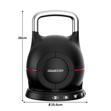 Powertrain Adjustable Kettlebell 20kg 7 in 1 Weight Selection Set w/Quick One Hand Adjustment Secure Locking System.