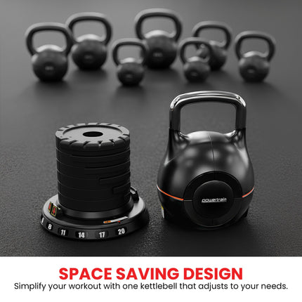 Powertrain Adjustable Kettlebell 20kg 7 in 1 Weight Selection Set w/Quick One Hand Adjustment Secure Locking System.