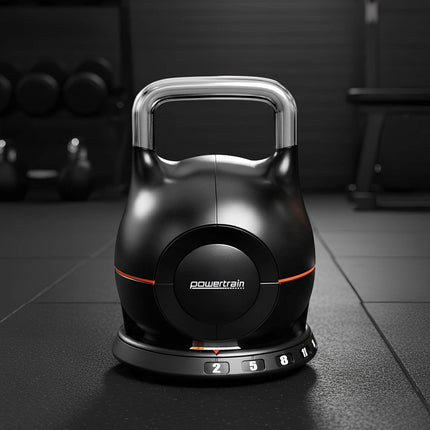 Powertrain Adjustable Kettlebell 20kg 7 in 1 Weight Selection Set w/Quick One Hand Adjustment Secure Locking System.