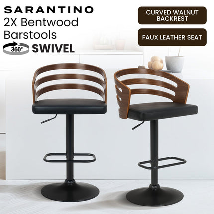Sarantino Set Of 2 Bentwood Walnut Barstool Adjustable Height Swivel Footrest.