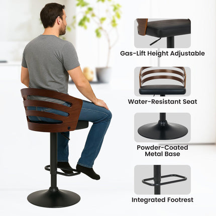 Sarantino Set Of 2 Bentwood Walnut Barstool Adjustable Height Swivel Footrest.