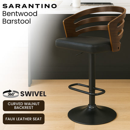 Sarantino Bentwood Walnut Barstool Leather Seat And Metal Base.