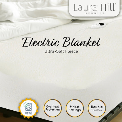 Laura Hill Heated Electric Blanket Double Size Fitted Fleece Underlay Winter Throw - White.