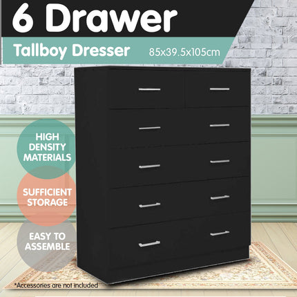 Sarantino Tallboy Dresser 6 Chest Of Drawers Table Cabinet Bedroom Storage Black.