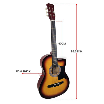 Karrera 38in Acoustic Guitar Steel Strings Carry Bag Shoulder Strap Sun Burst.