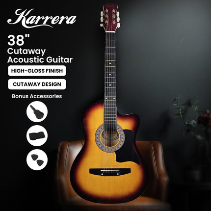 Karrera 38in Acoustic Guitar Steel Strings Carry Bag Shoulder Strap Sun Burst.