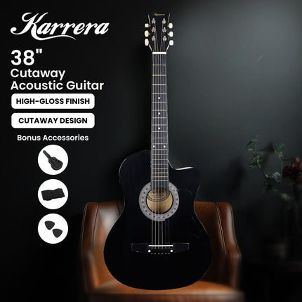 Karrera 38in Cutaway Acoustic Guitar with guitar bag - Black.