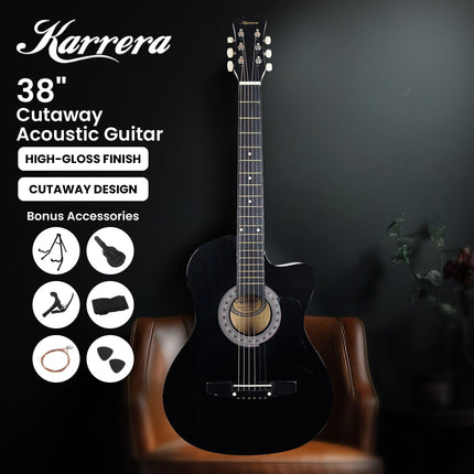 Karrera 38in Pro Cutaway Acoustic Guitar with Carry Bag - Black.