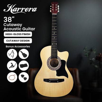 Karrera 38in Pro Cutaway Acoustic Guitar with guitar bag - Natural.