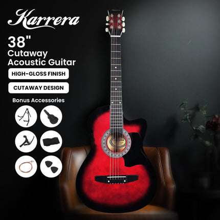 Karrera 38in Pro Cutaway Acoustic Guitar with guitar bag - Red Burst.
