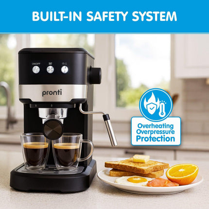 Pronti CM-850D Coffee Machine 20 Bar Espresso Maker with Milk Frother and 1.25L Tank.