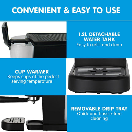 Pronti CM-850D Coffee Machine 20 Bar Espresso Maker with Milk Frother and 1.25L Tank.