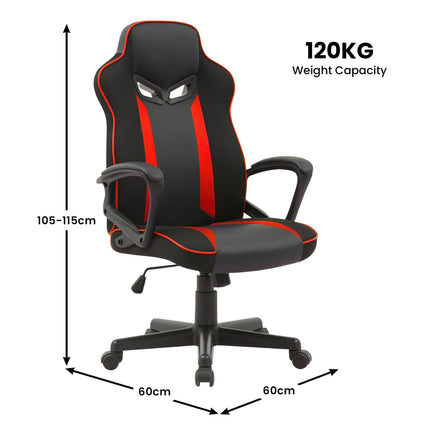 Sarantino Fayzo Racing Reclining Office Gaming Chair Black And Red Adjustable Computer Desk Seat With Adjustable Height, Breathable Mesh Back, Padded Armrests.