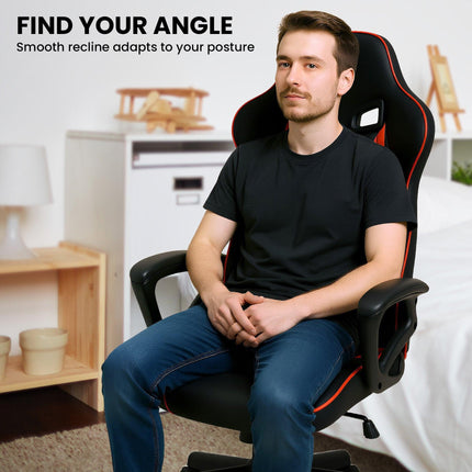 Sarantino Fayzo Racing Reclining Office Gaming Chair Black And Red Adjustable Computer Desk Seat With Adjustable Height, Breathable Mesh Back, Padded Armrests.