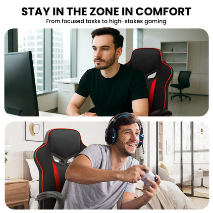 Sarantino Fayzo Racing Reclining Office Gaming Chair Black And Red Adjustable Computer Desk Seat With Adjustable Height, Breathable Mesh Back, Padded Armrests.
