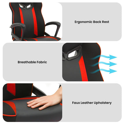 Sarantino Fayzo Racing Reclining Office Gaming Chair Black And Red Adjustable Computer Desk Seat With Adjustable Height, Breathable Mesh Back, Padded Armrests.