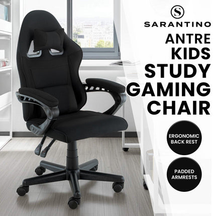 Sarantino Antre Kids Study Gaming Chair Black Adjustable Computer Desk Seat Racing Inspired-look With Adjustable Height, Ergonomic Back Support, Padded Armrests.