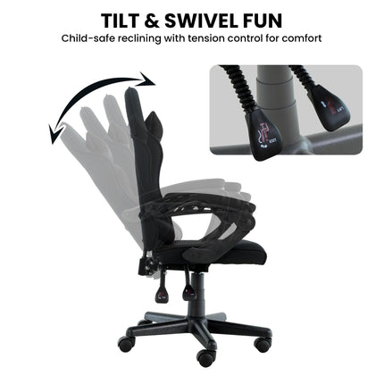 Sarantino Antre Kids Study Gaming Chair Black Adjustable Computer Desk Seat Racing Inspired-look With Adjustable Height, Ergonomic Back Support, Padded Armrests.