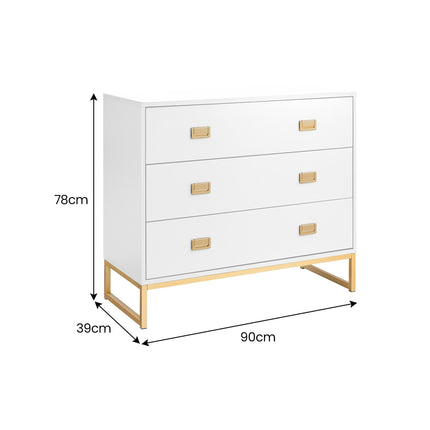 Sarantino Amara Chest of Drawers Tallboy Dresser in White/Gold.