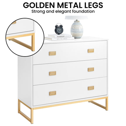 Sarantino Amara Chest of Drawers Tallboy Dresser in White/Gold.