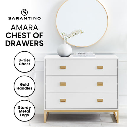 Sarantino Amara Chest of Drawers Tallboy Dresser in White/Gold.